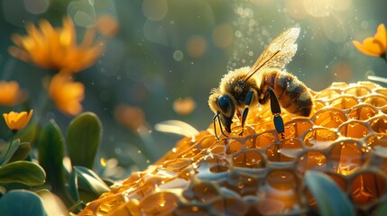 A diligent honeybee gathers nectar on a glistening honeycomb - obrazy, fototapety, plakaty