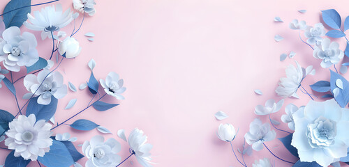 Fond rose clair avec fleurs blanches et bleues avec espace texte