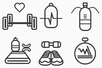 Line icons of fitness equipment and health symbols