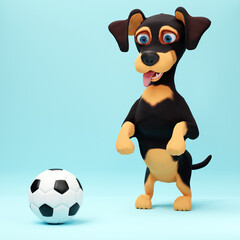 Cute dachshund dog playing with soccer ball on blue background. 3D cartoon character - 781413697