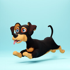 Cute dachshund dog running on blue background. 3D cartoon character