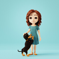 Girl playing with cute dachshund dog on blue background. 3D cartoon character - 781414021