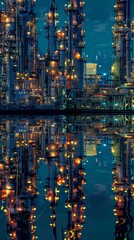 The intricate structures of a petrochemical plant illuminated at twilight