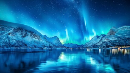 beautiful landscape with northern lights from a large lake