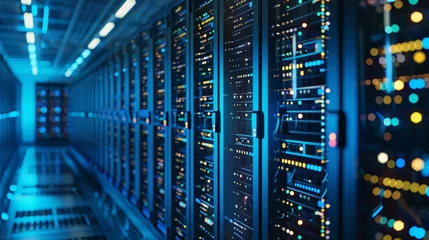 Rows of dedicated servers mining Bitcoin in a high-tech cryptocurrency farm. © Creative_Bringer