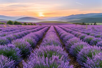 Fototapeta premium Lavender Field at Sunset, Purple Flowers Landscape, Morning Lavender Fields, Copy Space
