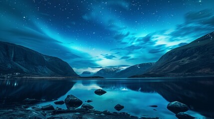 beautiful landscape with northern lights from a large lake and mountains - obrazy, fototapety, plakaty