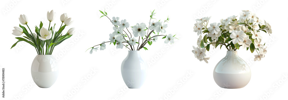 Poster set of vases with beautiful white flowers, png file with cutout object and isolated with shadow on t