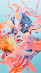 Collage surréaliste et formes organiques vibrantes avec visage de femme - obrazy, fototapety, plakaty