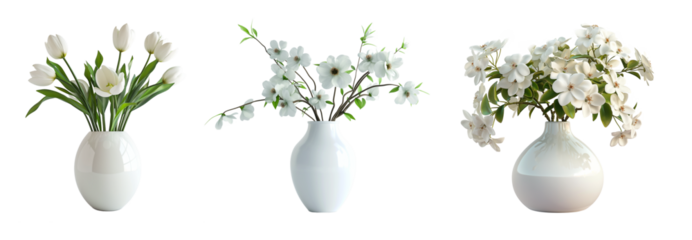 Set of vases with beautiful white flowers, png file with cutout object and isolated with shadow on transparent or white background.