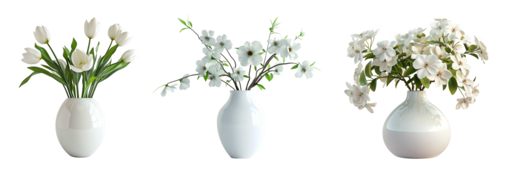 Set of vases with beautiful white flowers, png file with cutout object and isolated with shadow on transparent or white background.