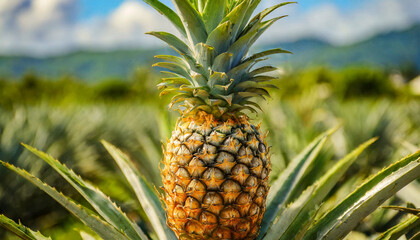 Extreme close-up of a ripe pineapple fruit on top of its mother plant. Blurred green nature background of a pineapple plantation. Generative Ai.