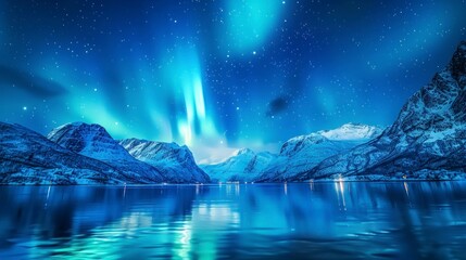 beautiful landscape with northern lights from a large lake and beautiful mountains at night in high resolution