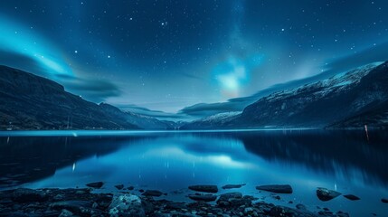 beautiful landscape with northern lights from a large lake and beautiful mountains at night in high...