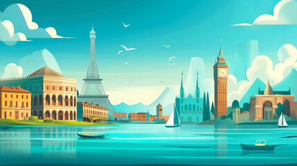 vector view of Europe travel destination landmark in background Eiffel tower, bigben tower famous church and landmark of famous place in Europe