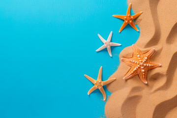 starfish on sand and blue background. Copy space - 781415200