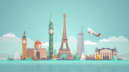 vector view of Europe travel destination landmark in background Eiffel tower, bigben tower famous church and landmark of famous place in Europe - obrazy, fototapety, plakaty