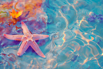 Starfish on the summer beach in sea water. Summer background - 781415204