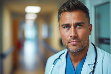 portrait of serious worried young male surgeon doctor in corridor of hospital clinic - obrazy, fototapety, plakaty