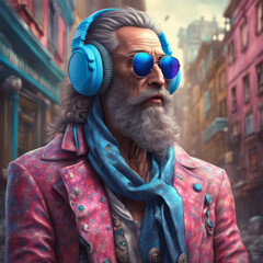 Old rocker with gray beard and big moustache, wearing blue headphones and sunglasses.He's wearing a pink jacket and a blue scarf.
