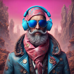 Old rocker with gray beard and big moustache, wearing blue headphones and sunglasses.He's wearing a blue leather jacket and a pink scarf.