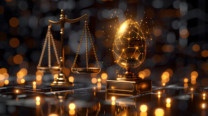 A conceptual digital artwork of golden scales balancing a glowing globe, symbolizing global justice and law - obrazy, fototapety, plakaty