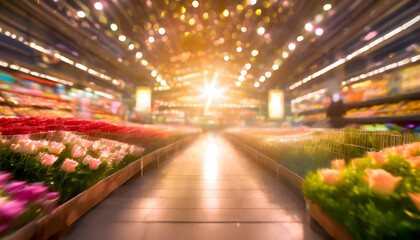 Blurred background of a light modern supermarket interior, sweet romantic moment on digital art concept, Generative AI. - 781415487