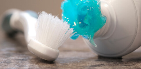 Worn Toothbrush and Messy Toothpaste Blue Gel for Brushing Teeth