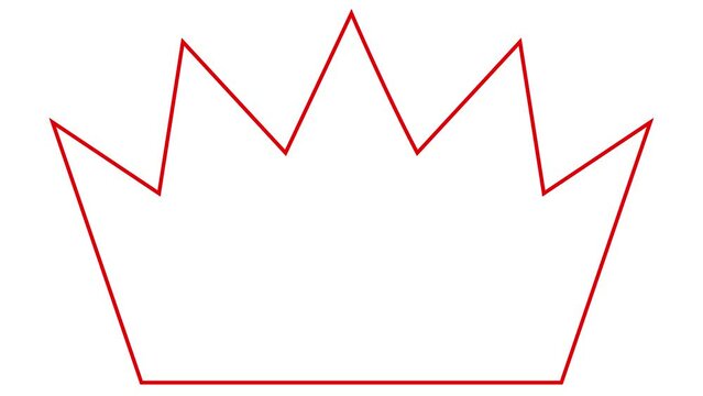 Animated red linear symbol of crown is gradually drawn. Concept of royal, premium, luxury, imperial. Looped video. Vector illustration isolated on white background.