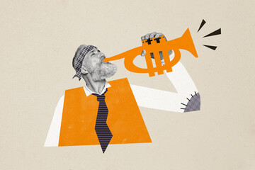Creative trend collage of old man saxophone play music banner bizarre unusual fantasy billboard...