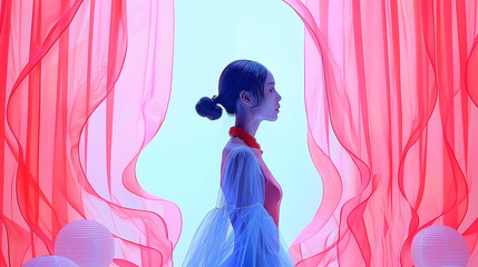 An ethereal silhouette of a woman standing contemplatively, surrounded by flowing red fabrics against a light blue background