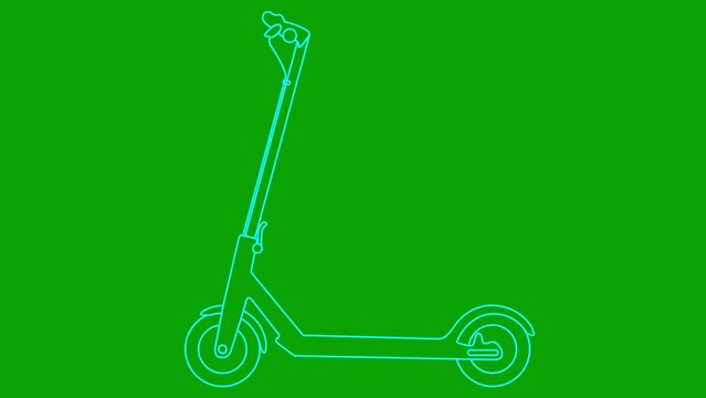 Animated linear blue icon of electric kick scooter. Line symbol is drawn. Urban mobile youth transport. City transportation. Looped video. Vector illustration isolated on green background. 