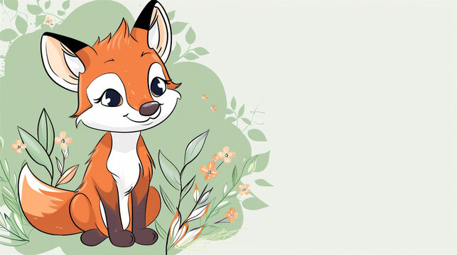 Illustration of a cute cartoon fox in a meadow on a pale green background with copy space.