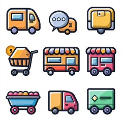 A set of colorful vehicles, including a shopping cart, a truck, and a bus