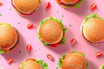 Feasible 3D format hamburger graphic motif with a seamless design over a pink setting eye soothing artwork for food lovers and space, Generative AI.