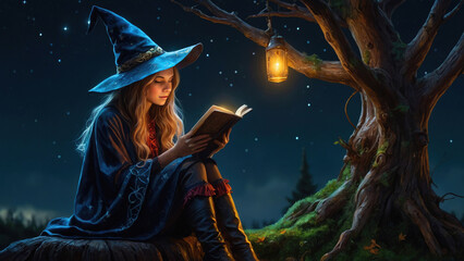 young witch reading a book