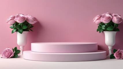 Romantic Floral Display Pink Rose Product Stand on Nature-themed Podium