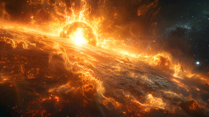Stunning visual of the sun's turbulent surface with erupting prominences and solar flares, set against the dark cosmos