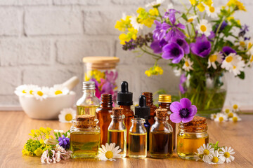 Concept of alternative herbal medicine. Bottles of tincture or potion, organic essential oils, dry healthy herbs, floral extracts on wooden table. Pure natural ingredients for cosmetic production