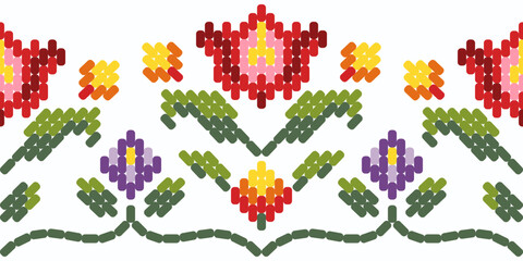 Floral pixel art border pattern on white background vector illustration. Geometric flower embroidery. Rose border floral. Motif ethnic handmade stitch flower pattern.
Traditional Romanian flok art kni