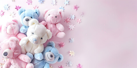 Many teddy bears arranged on a pink background, creating a cute and playful scene. - obrazy, fototapety, plakaty