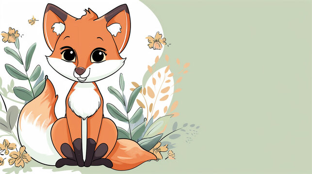 Illustration of a cute cartoon fox in nature on a pale green background with copy space.