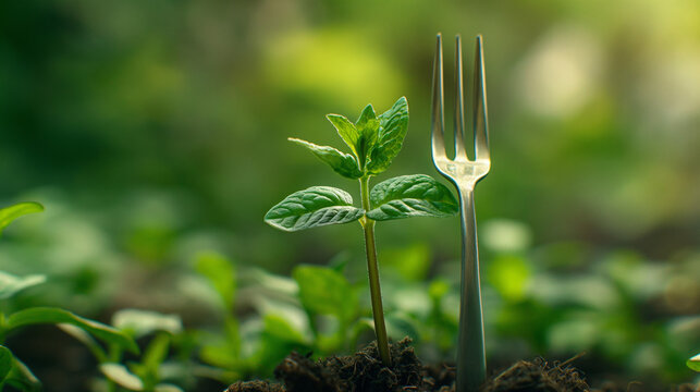Conceptual image of growth and sustainability with plant and fork, ideal for environmental blogs or eco-friendly campaigns
