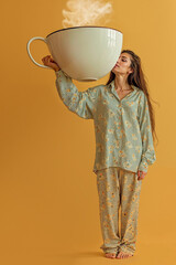 A sleepy woman in pajamas adoringly places a giant cup of coffee on her face to wake up