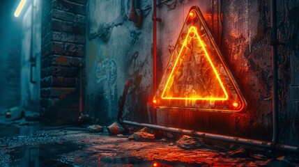 Red neon hazard warning attention sign with exclamation mark symbol horror, post-apocalyptic style