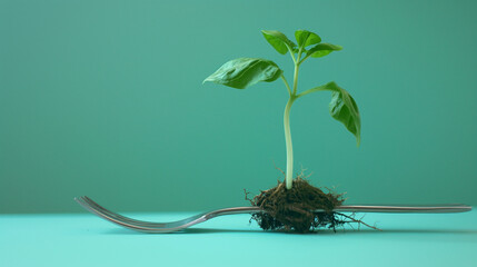 Young plant growing from a fork, a symbol of sustainability and growth, great for environmental campaigns - obrazy, fototapety, plakaty