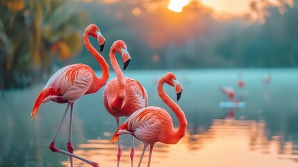 Flamingos in a yoga retreat, striking poses by the lake at sunrise isolate on soft color background
