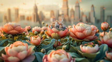 Flowers opening to reveal miniature cities inside, isolate on soft color background - obrazy, fototapety, plakaty