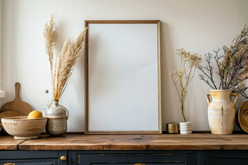 White mock-up of a wall Picture frame in the kitchen, The interior of a modern kitchen.