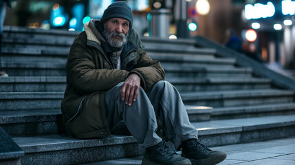 Elderly man sits on city steps at night, resting and observing the urban life around him.